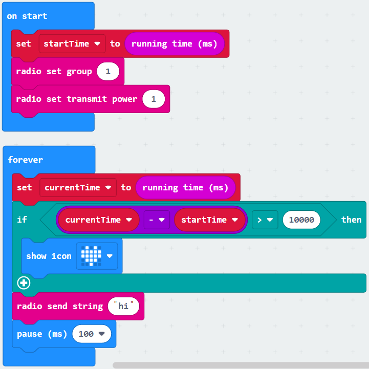 Code example-- on start, set startTime to running time (ms); forever, set currentTime to running time (ms), if (currentTime - startTime) greater than 10000 then, show icon (heart)